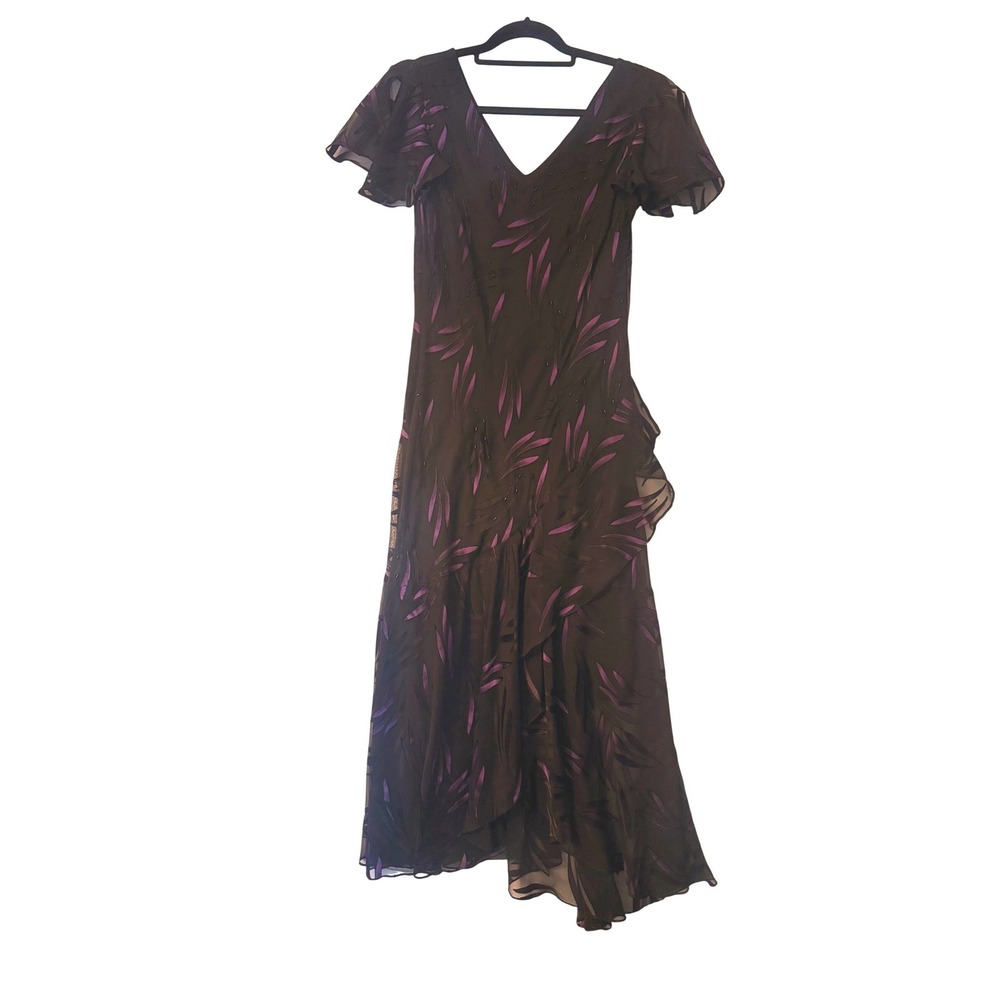 90s/00s Eva Blue Brown Purple Leaf Burnout Beaded Ruffle Midi Dress Size 10